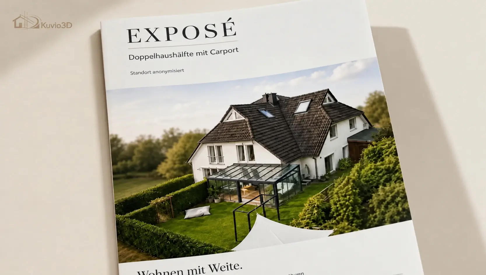 Gedrucktes Exposé einer Doppelhaushälfte mit Luftaufnahme