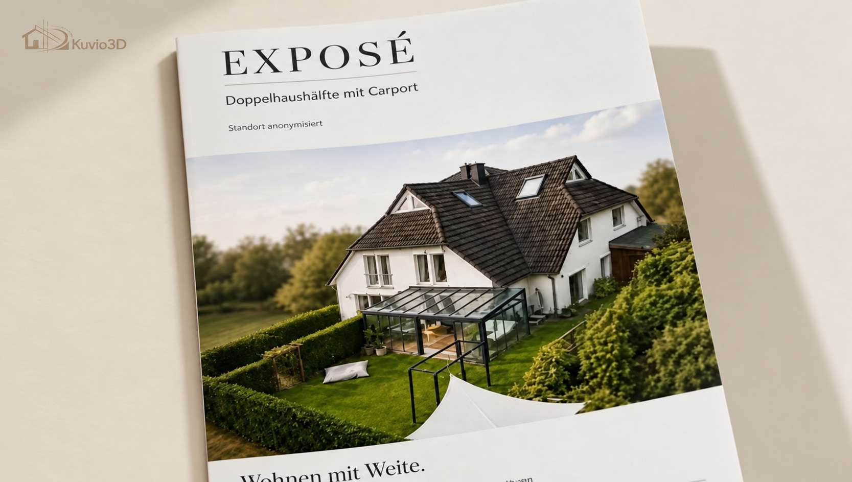 Gedrucktes Eigentümer-Exposé mit Luftaufnahme einer Doppelhaushälfte