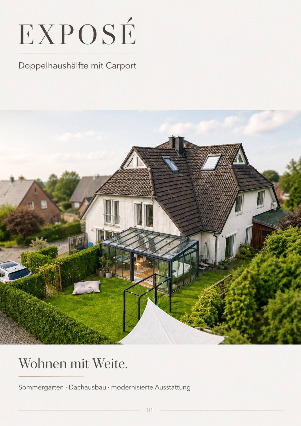 Titelseite des Exposés: Doppelhaushälfte mit Carport, Luftaufnahme mit Sommergarten