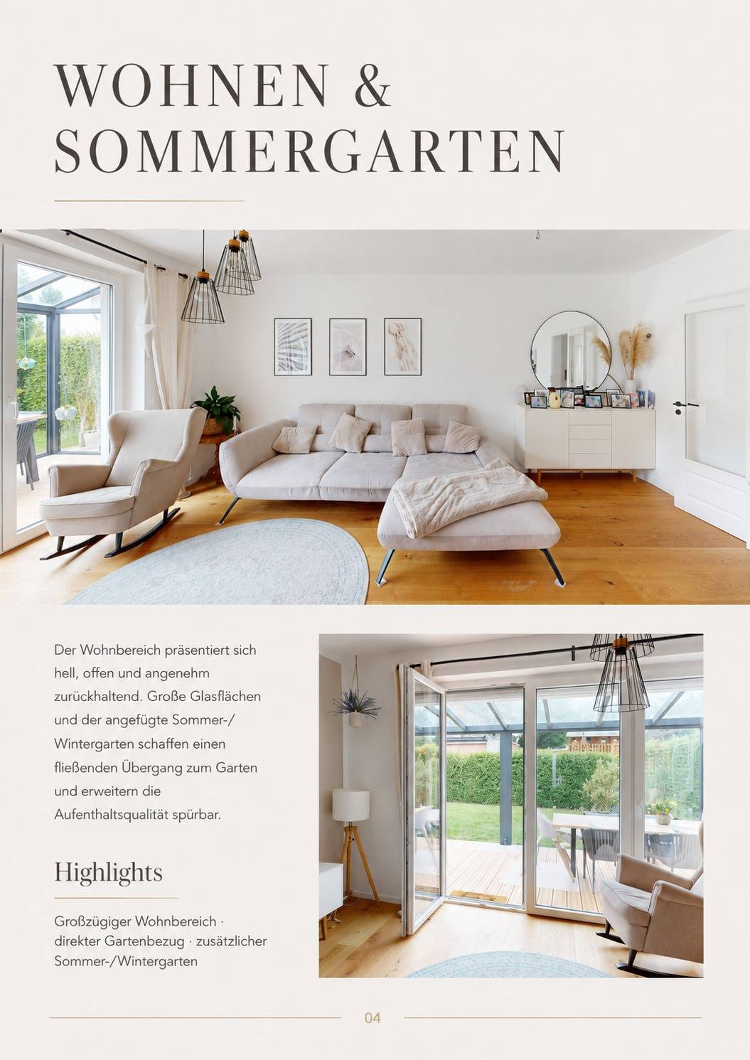 Exposé-Seite Wohnen & Sommergarten mit Wohnraumfotos, Beschreibung und Highlights